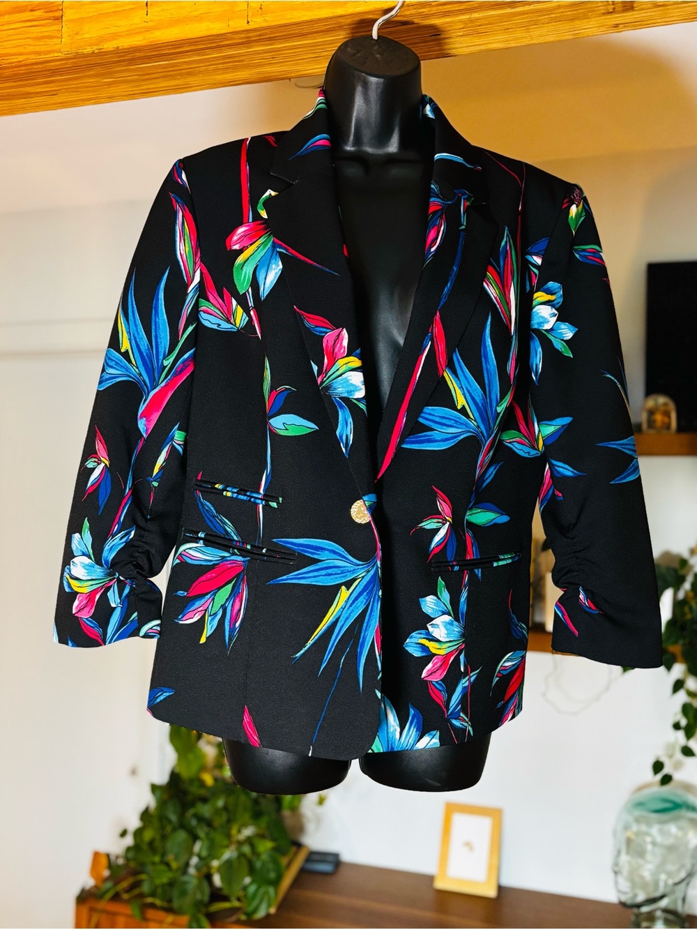 Anne Klein Black Tropical Bird of Paradise Floral Ruched Sleeve Blazer Jacket